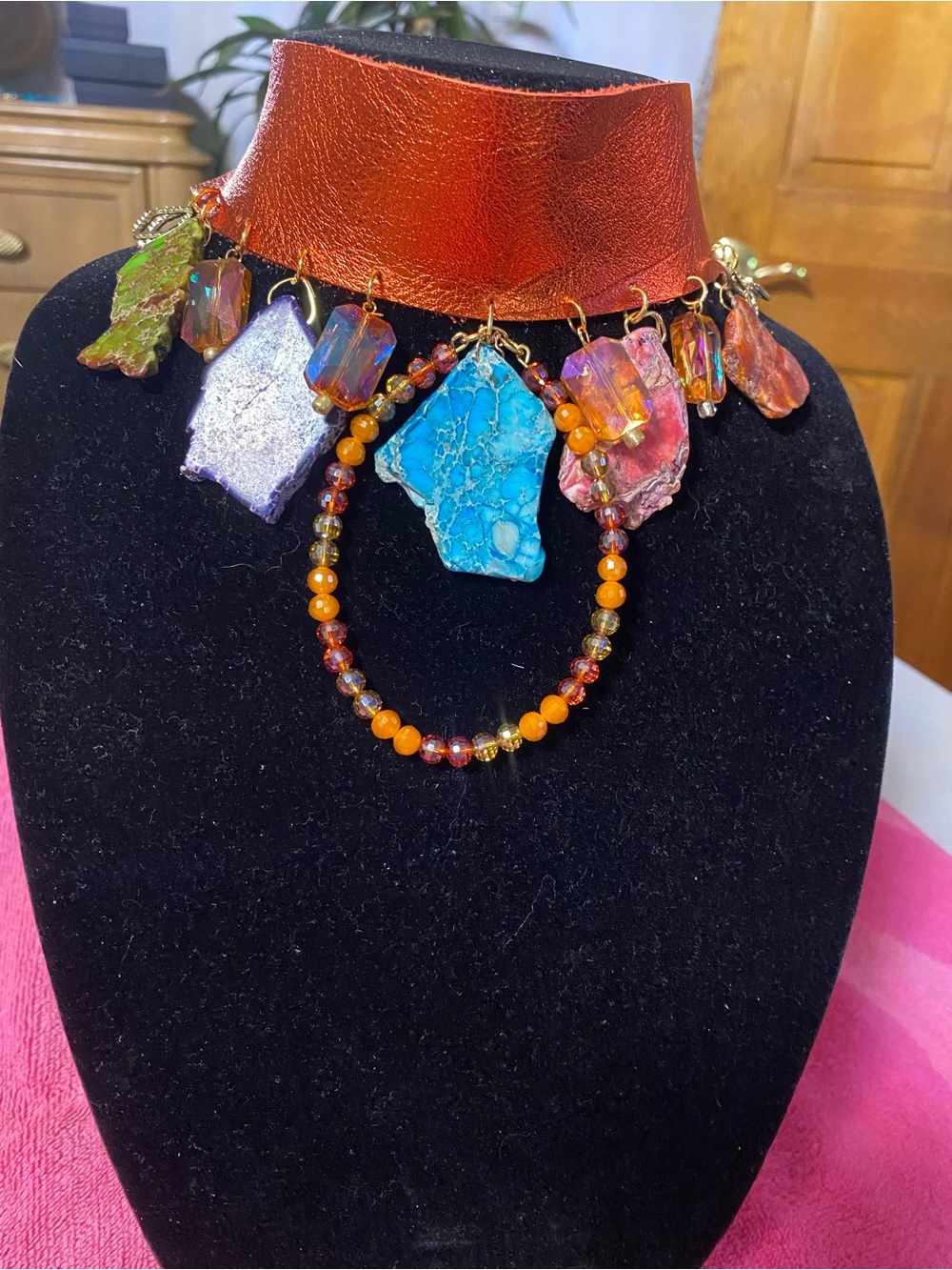 Artisan Multicolor Stone & Bead Choker Necklace - Turquoise, Orange, Pink